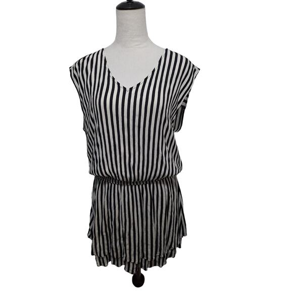 Kori America Boho Dress Size Large Drop Waist Sleeveless Black White Stripe - Picture 2 of 7